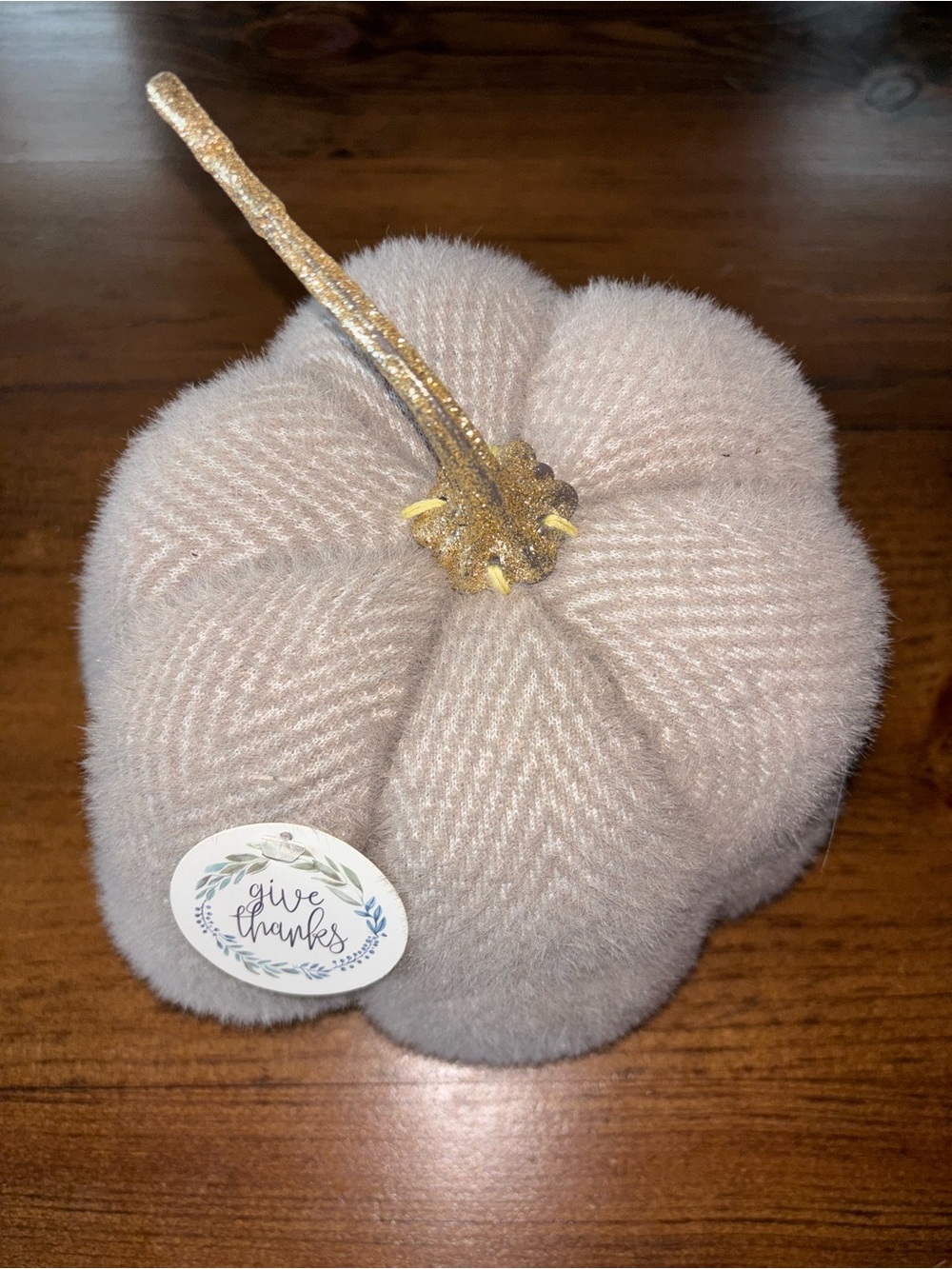Plush Cream Decorative Pumpkin with Sparkling Gold Stem - Home Accents